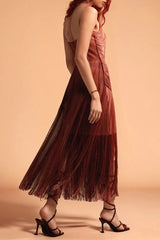 Halter Fringe Maxi Dress in Brown
