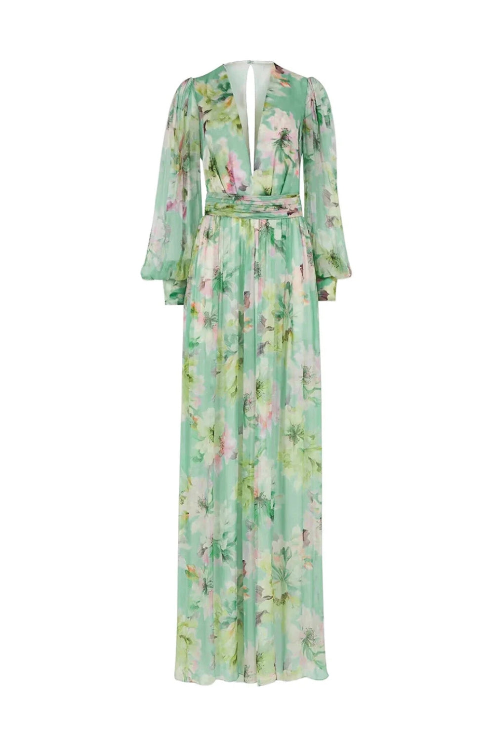 V Neck Floral Print Maxi Dress in Green