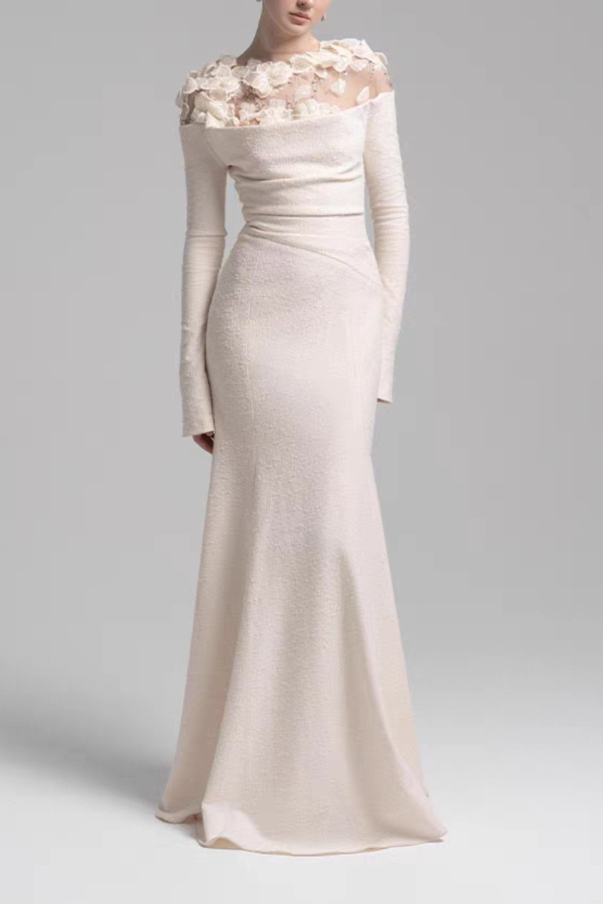 Sequin 3D Floral Sheer Shoulder Long Sleeve White Dress