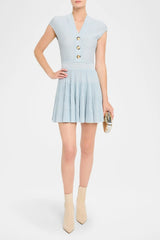 Short-Sleeve Flechage Knit Flare Mini Dress in Blue