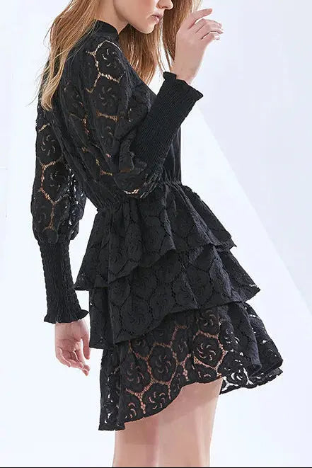 Long Sleeves Layered Lace Mini Dress in black