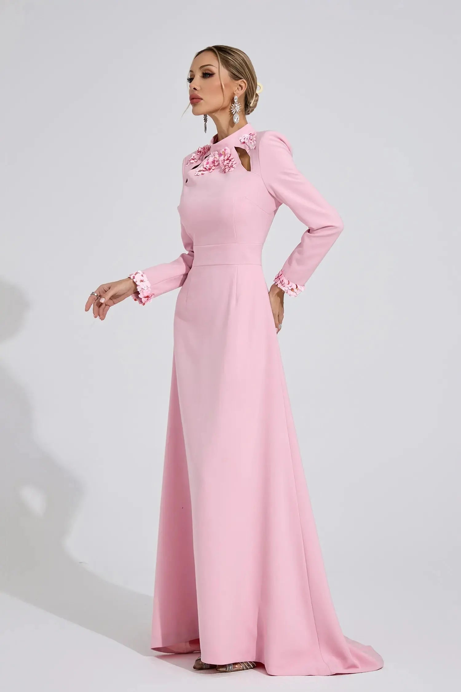 Light Pink Rhinestone Cutout Maxi Dress
