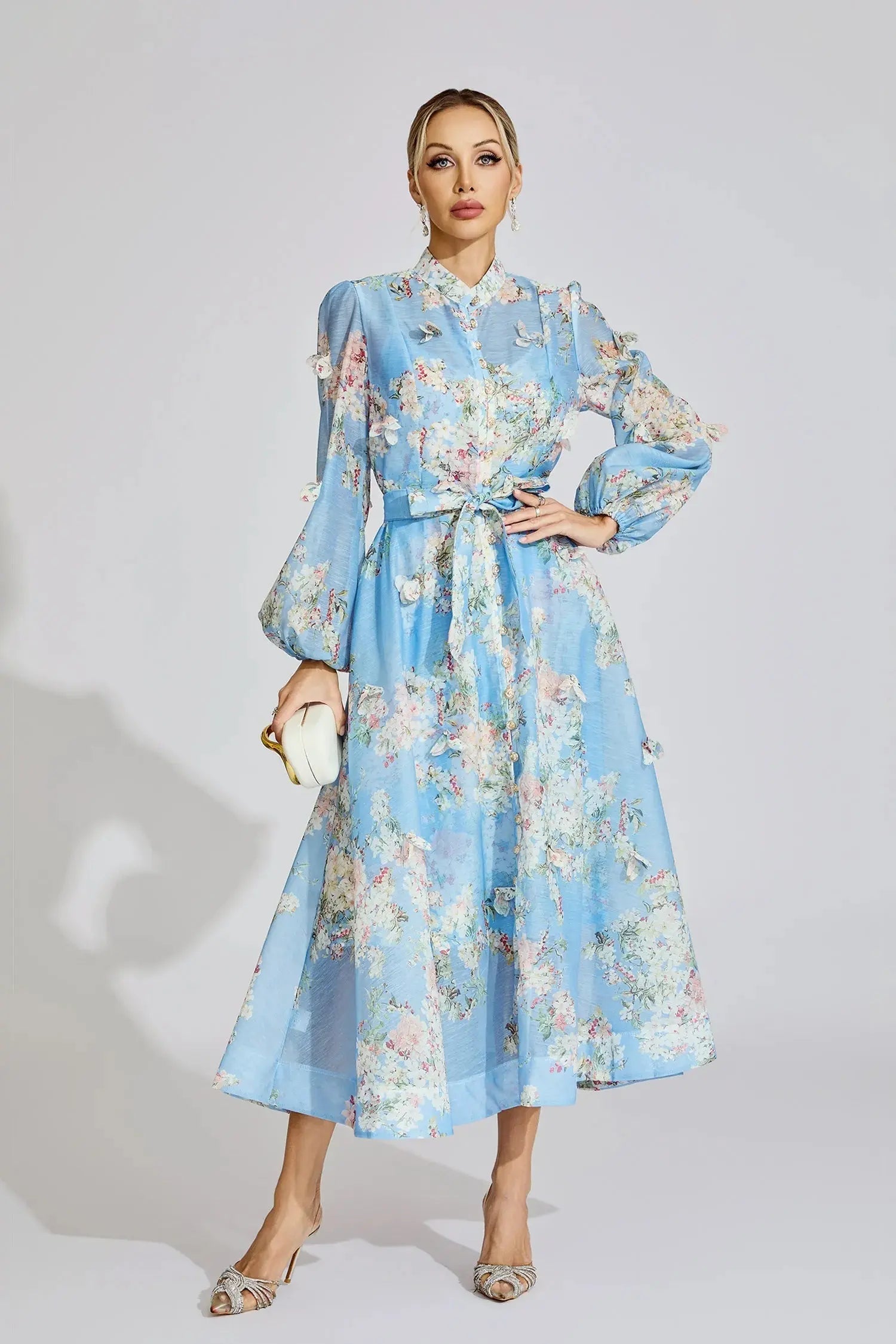 Blue Floral Printed Puff Sleeve Maxi Dress