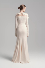 Sequin 3D Floral Sheer Shoulder Long Sleeve White Dress