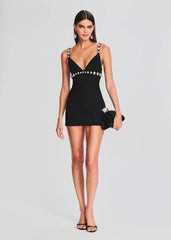 V-Neck Rhinestone Embellished Stretch Bodycon Mini Dress in Black