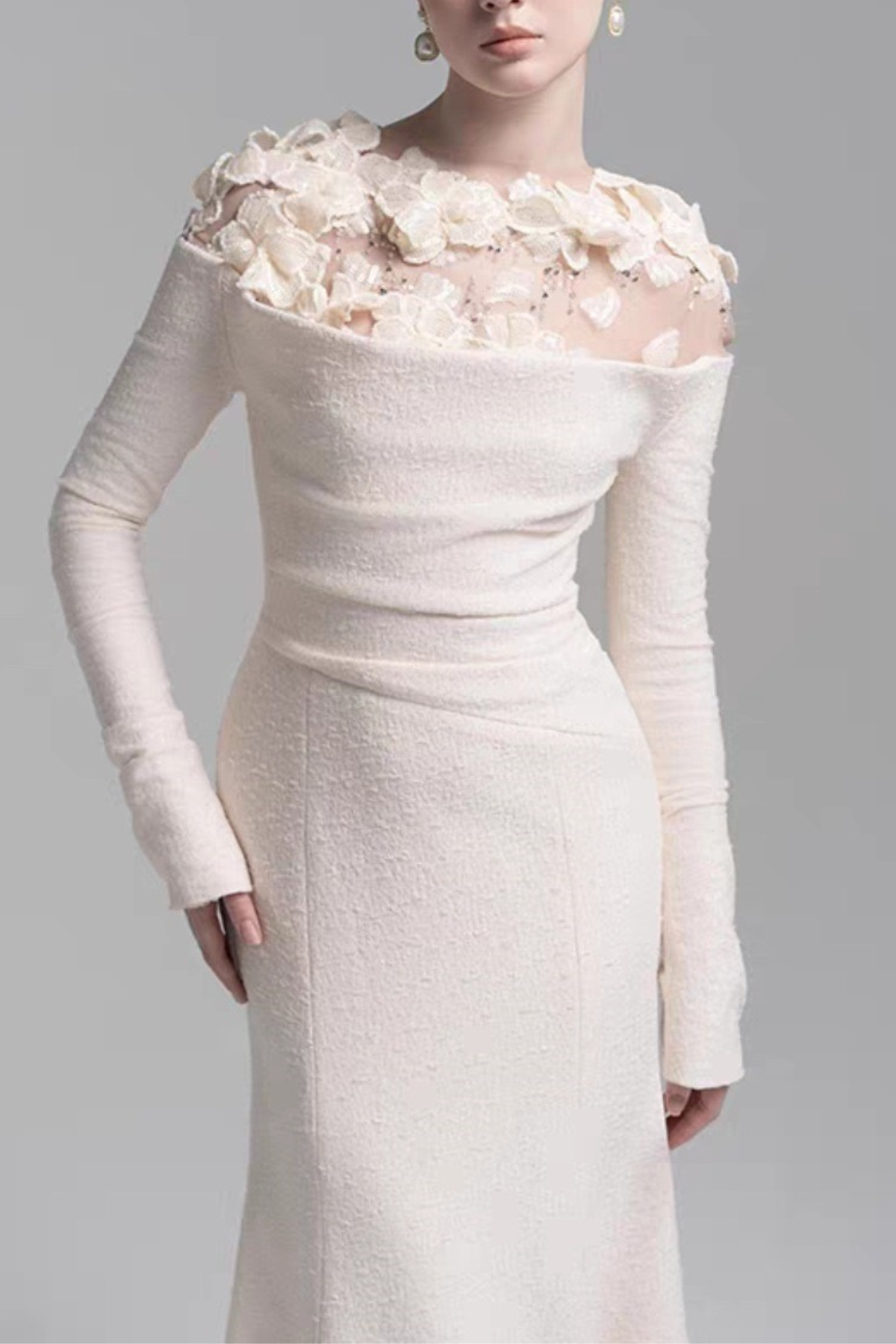 Sequin 3D Floral Sheer Shoulder Long Sleeve White Dress