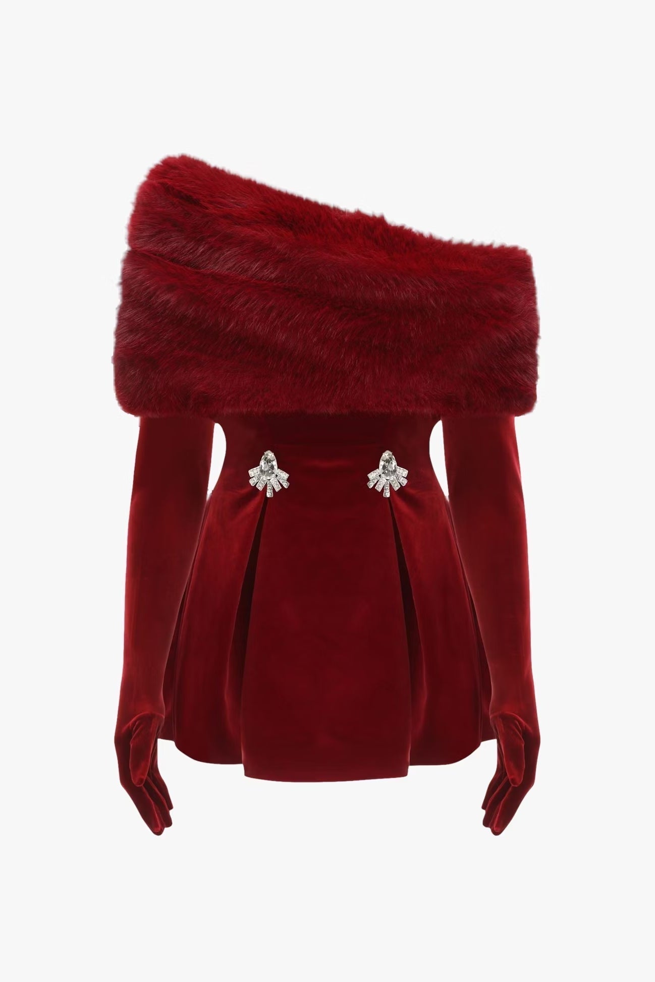 Long Sleeve Fur Mini Dress in Red