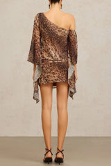Long Sleeves Print Mini Dress in Brown