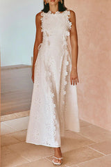 Lace Trim Embroidery Hollow Midi Dress in White