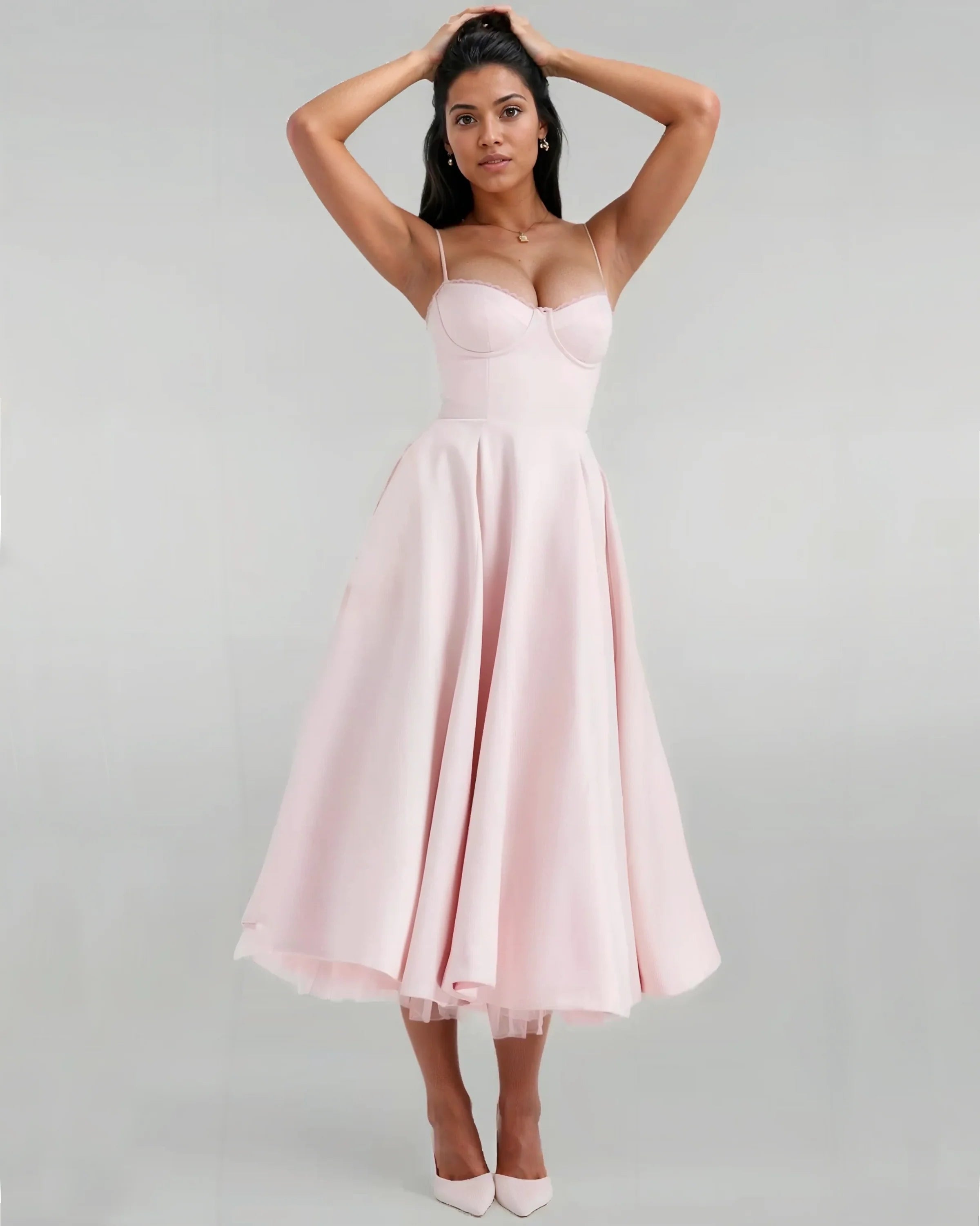 Satin Corset Layered A-Line Midi Dress - Baby Pink
