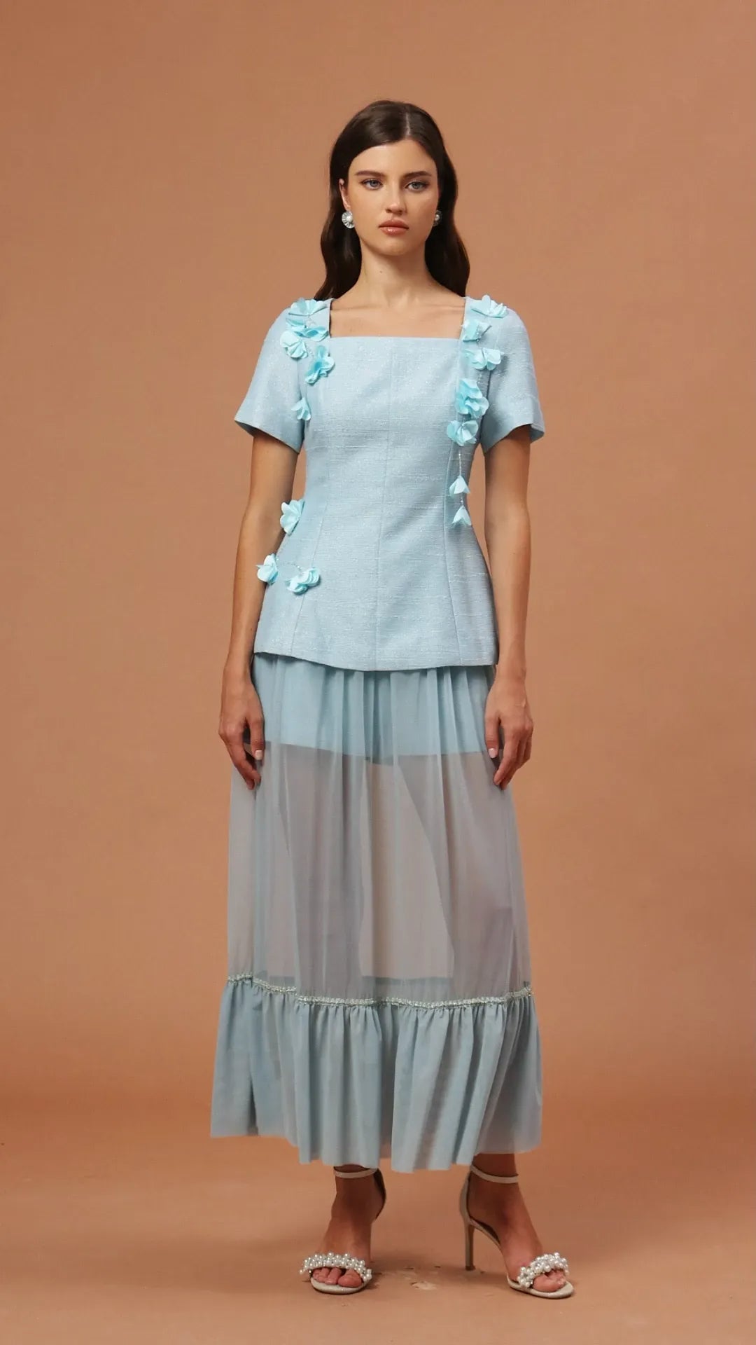 Blue Short Sleeves Flowers Folds Top and Skirt Two-Piece Set