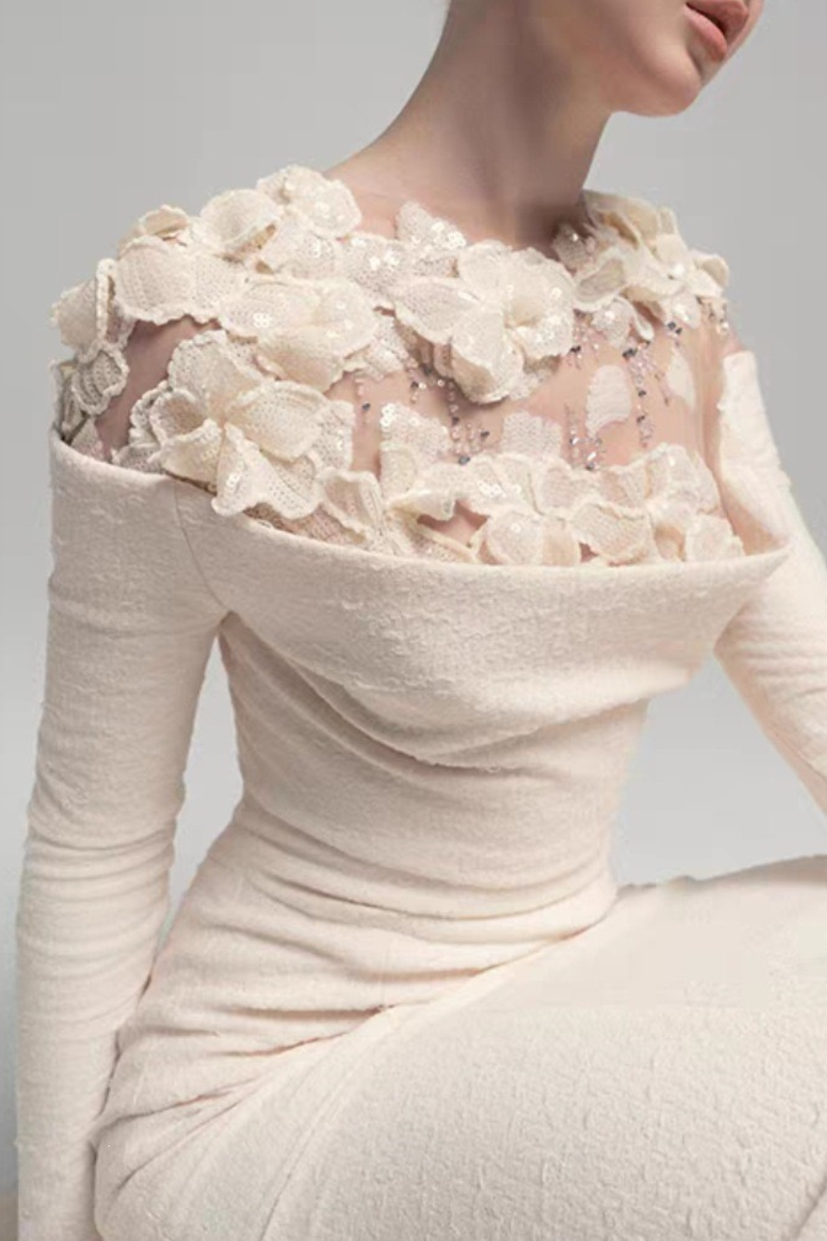 Sequin 3D Floral Sheer Shoulder Long Sleeve White Dress