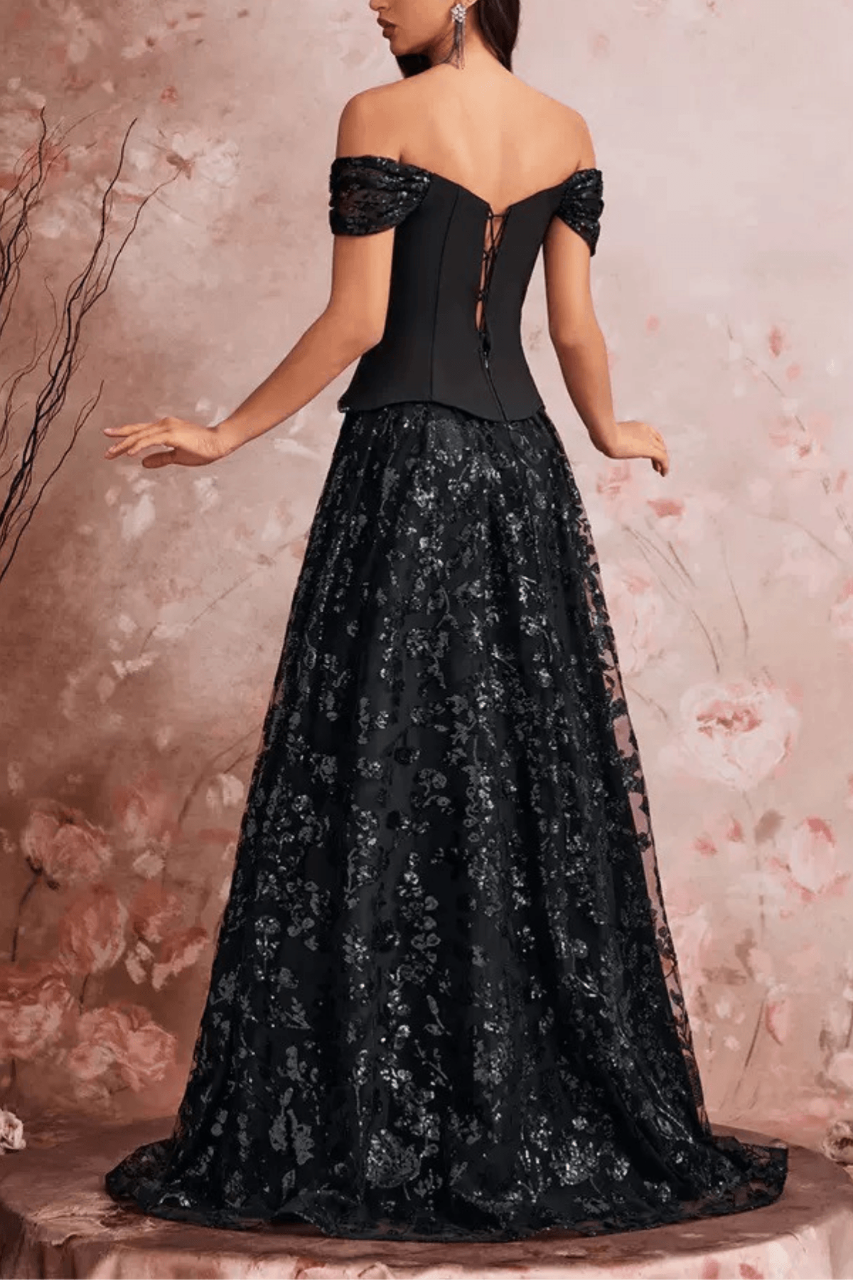Bailey Off Shoulder Lace Floral Evening Dress