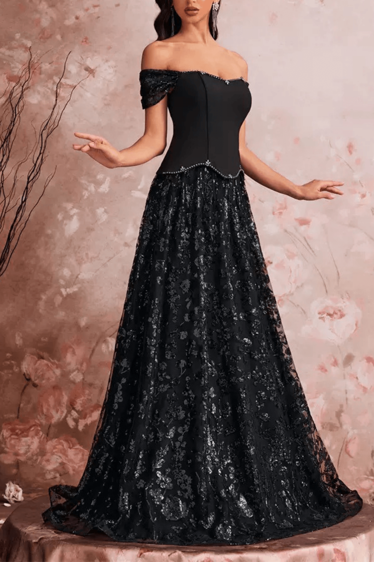 Bailey Off Shoulder Lace Floral Evening Dress