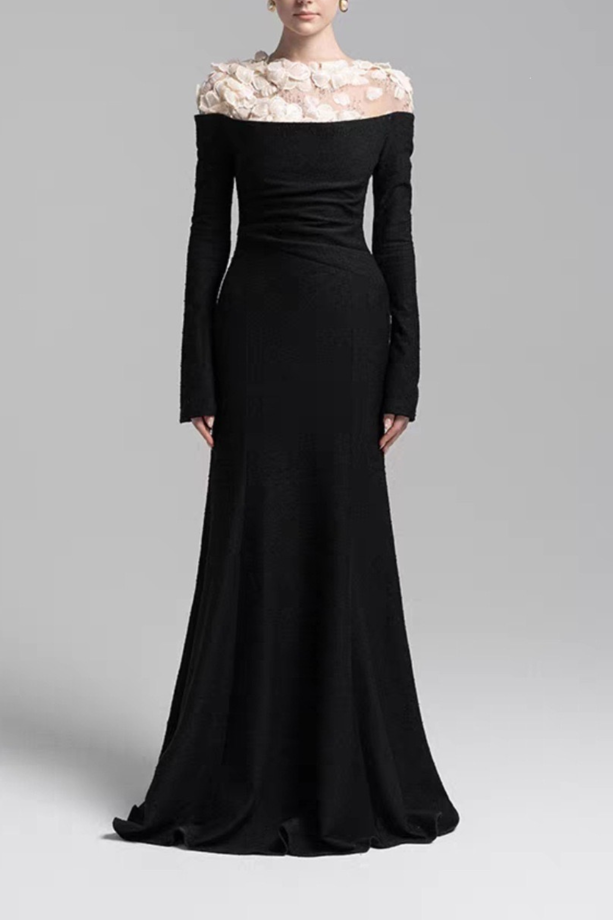 Sequin 3D Floral Sheer Shoulder Long Sleeve Black Dress
