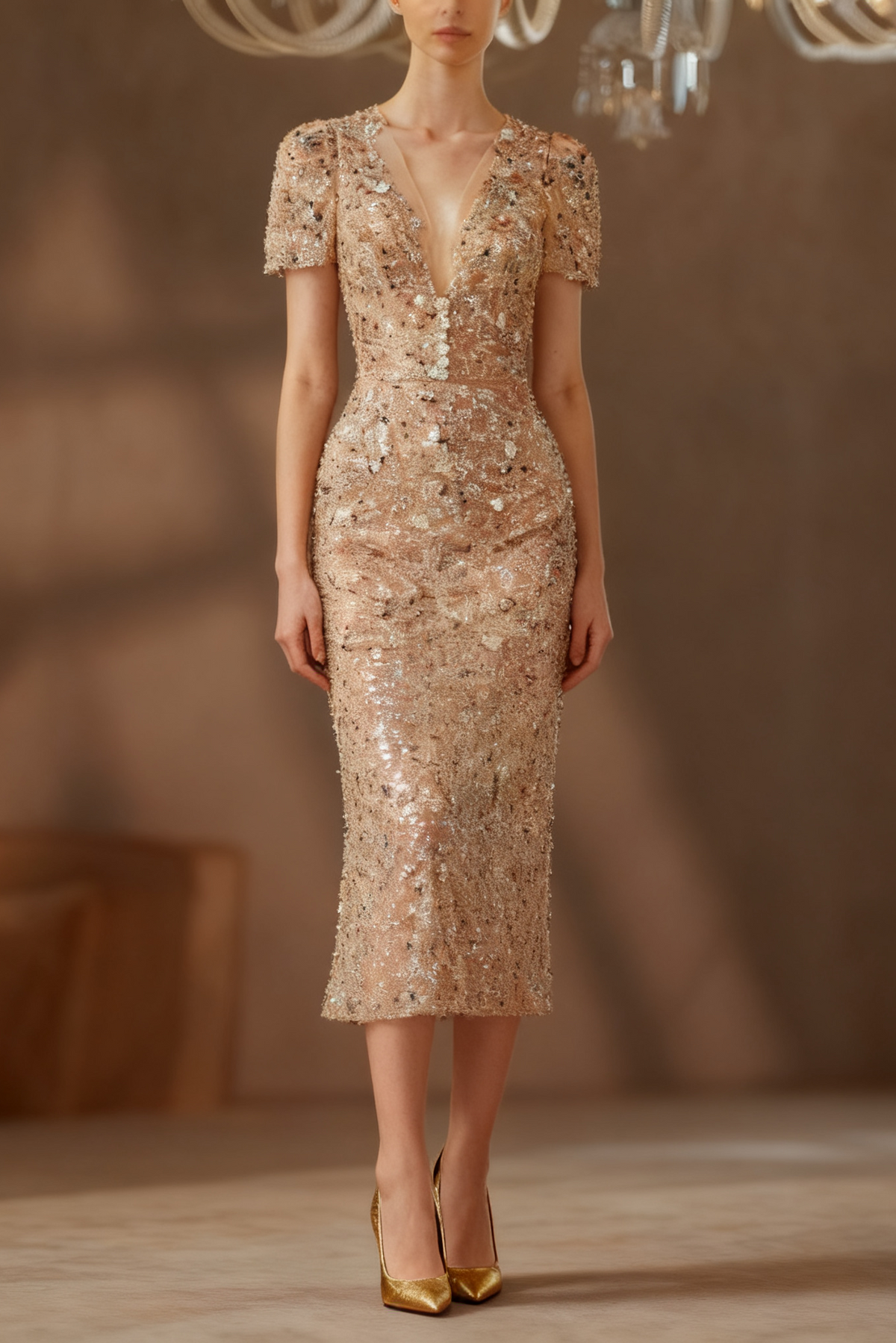 Embroidery V -Neck Midi Dress in Beige