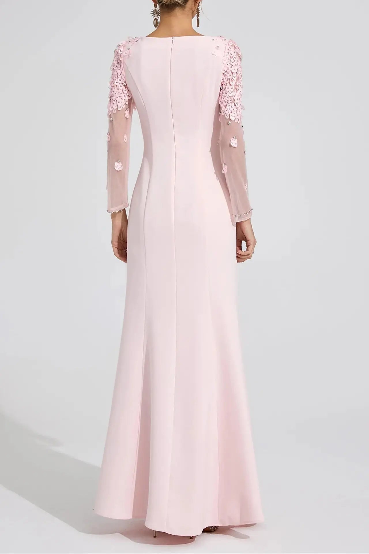 Pink Sequin Mesh Sleeve Maxi Dress