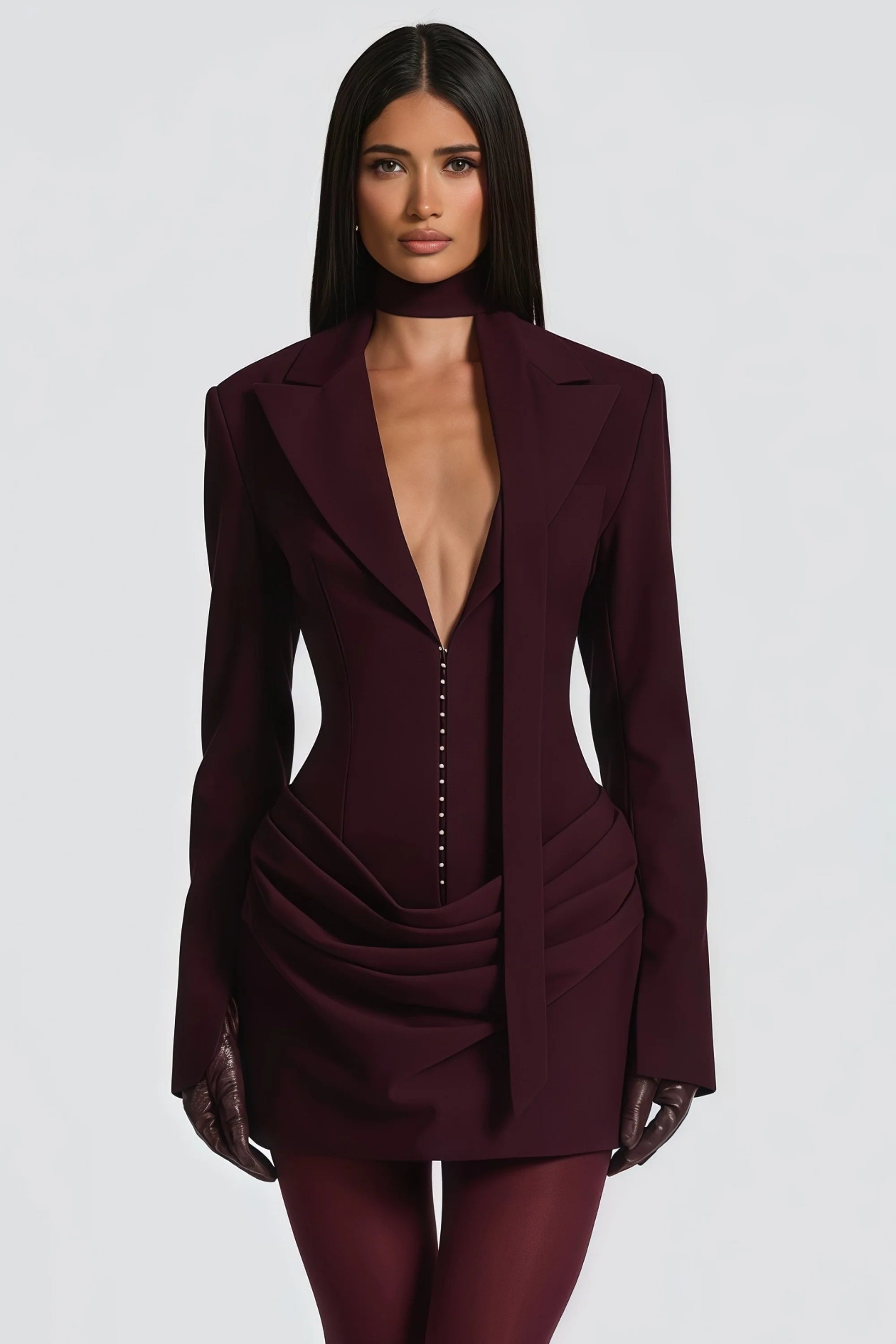 V-Neck Ruched Blazer Mini Dress in Wine Red