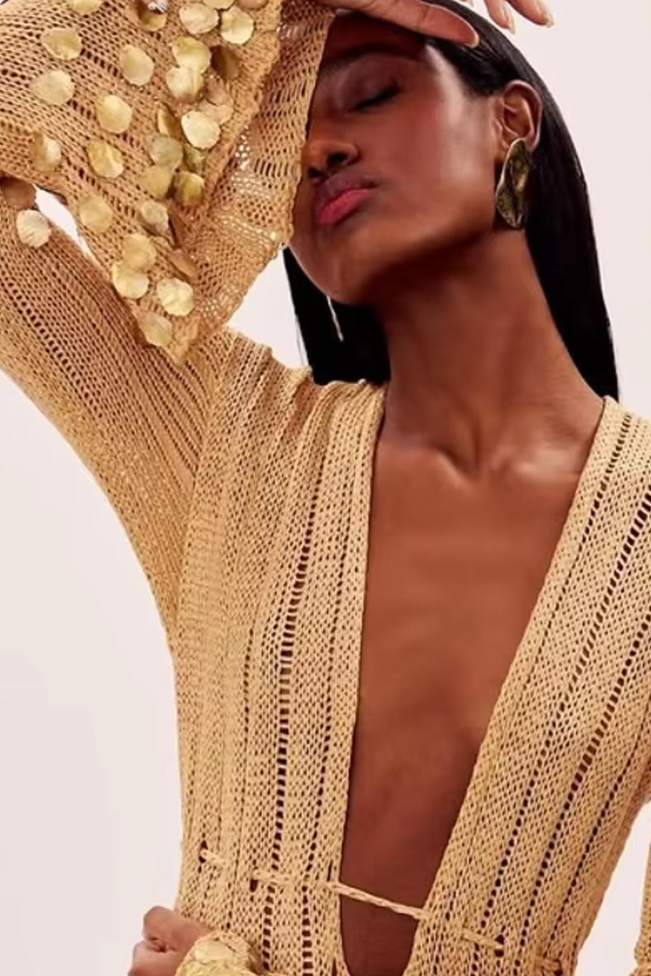 Golden Aura V-Neck Knitted Maxi Dress