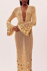 Golden Aura V-Neck Knitted Maxi Dress