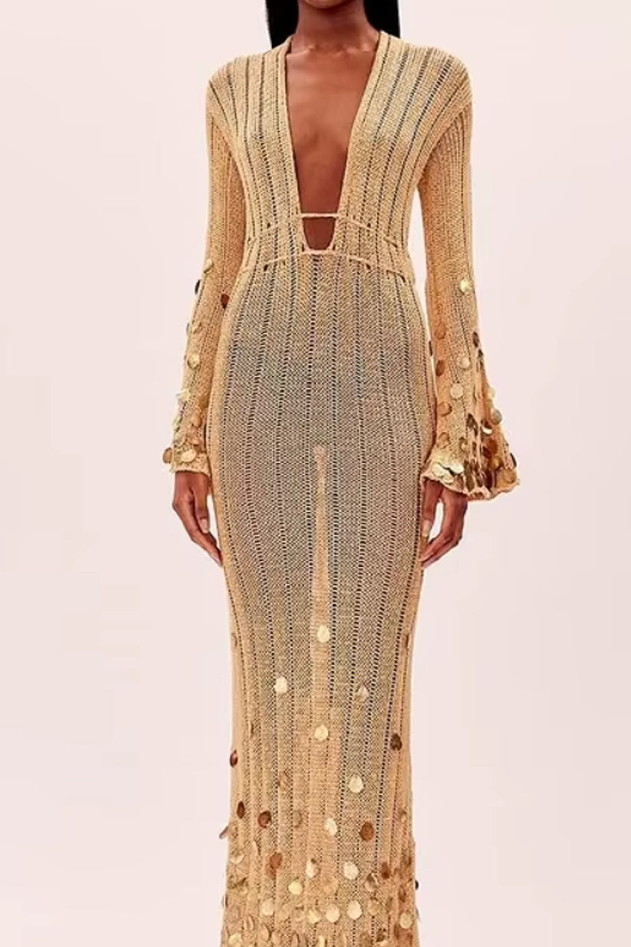 Golden Aura V-Neck Knitted Maxi Dress