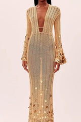 Golden Aura V-Neck Knitted Maxi Dress