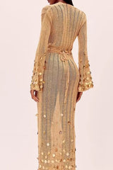 Golden Aura V-Neck Knitted Maxi Dress