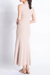 Sleeveless Knitted Dress Top Skirt Set in Apricot