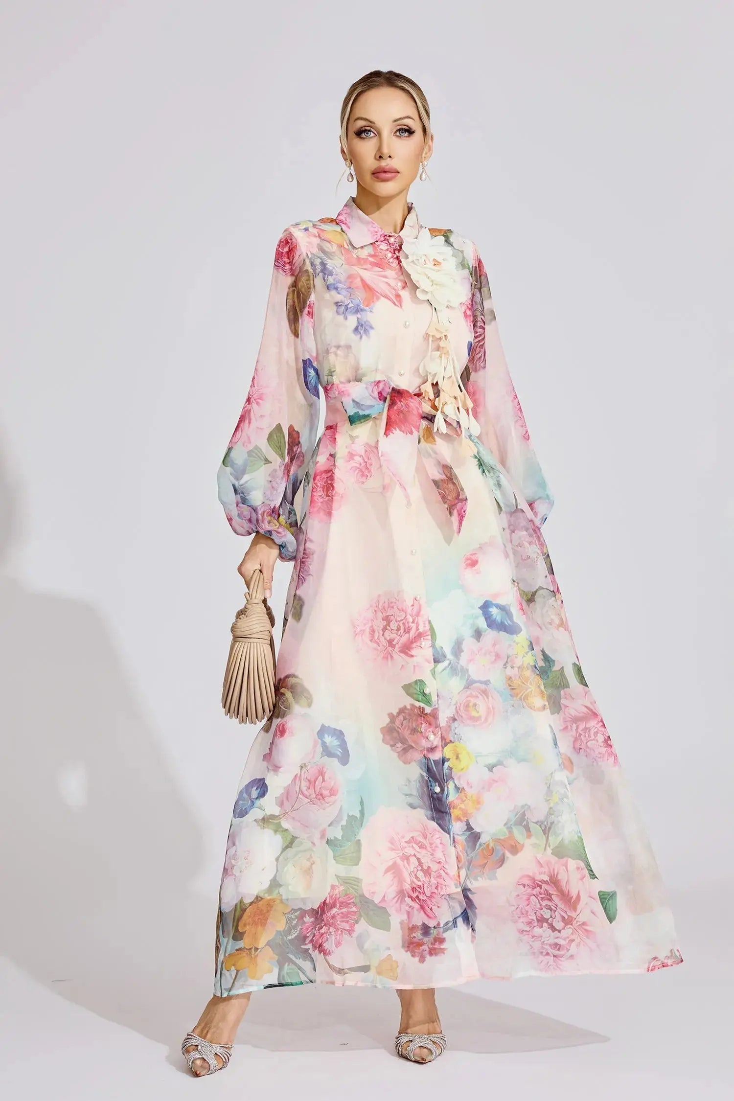 Pink Floral Printed Lantern Sleeve Maxi Dress