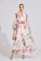 Pink Floral Printed Lantern Sleeve Maxi Dress