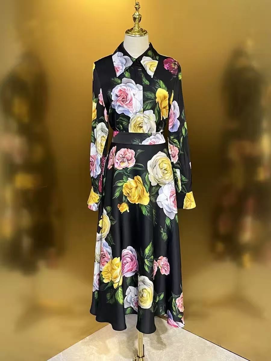 Black Floral Print Shirt & Midi Skirt Co-ord Set