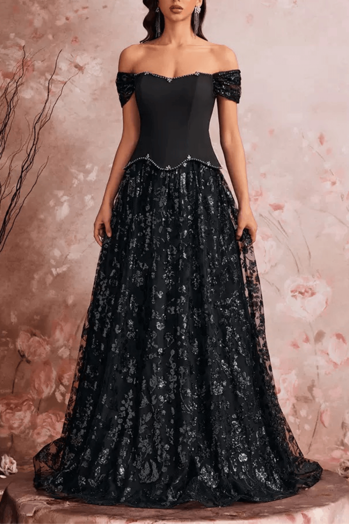 Bailey Off Shoulder Lace Floral Evening Dress