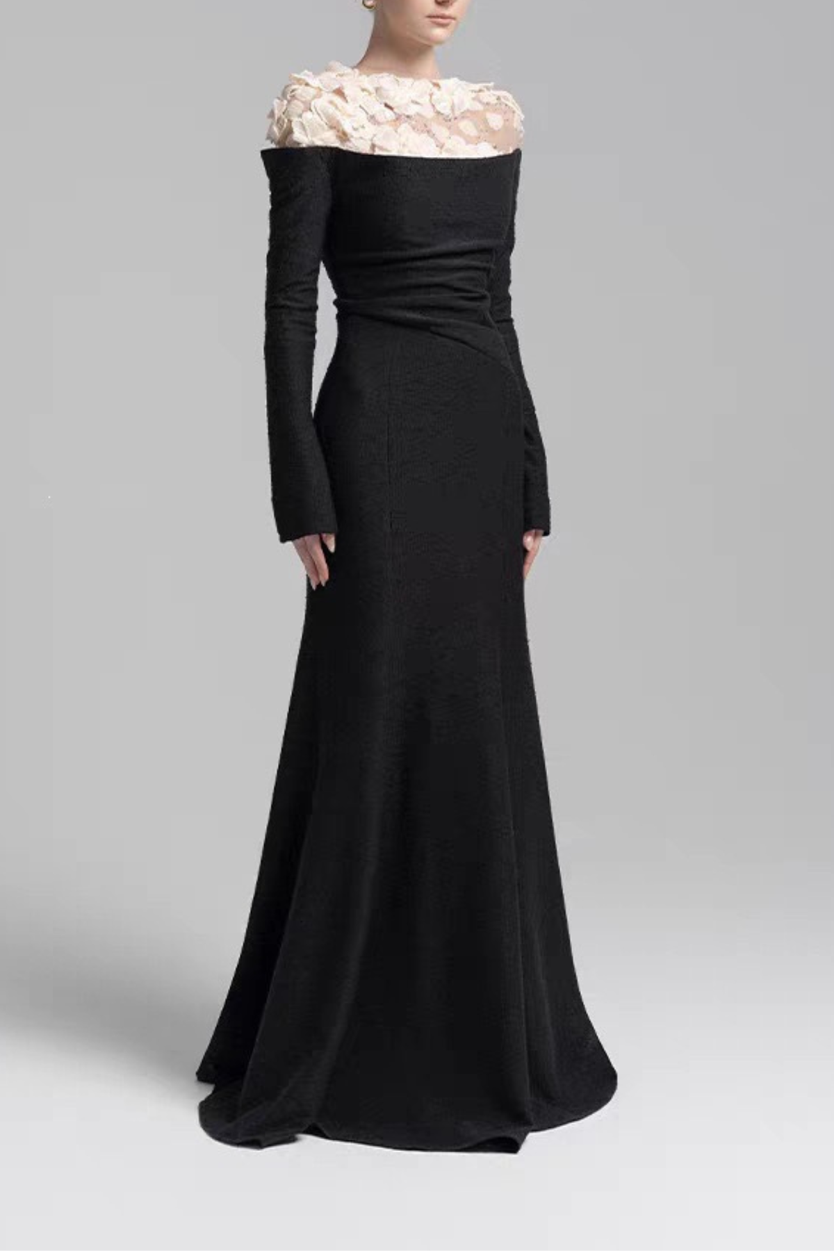 Sequin 3D Floral Sheer Shoulder Long Sleeve Black Dress