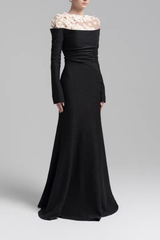 Sequin 3D Floral Sheer Shoulder Long Sleeve Black Dress