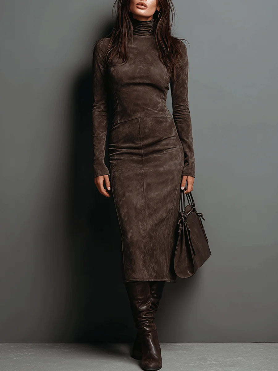 High Neck Long Sleeve Midi Dress