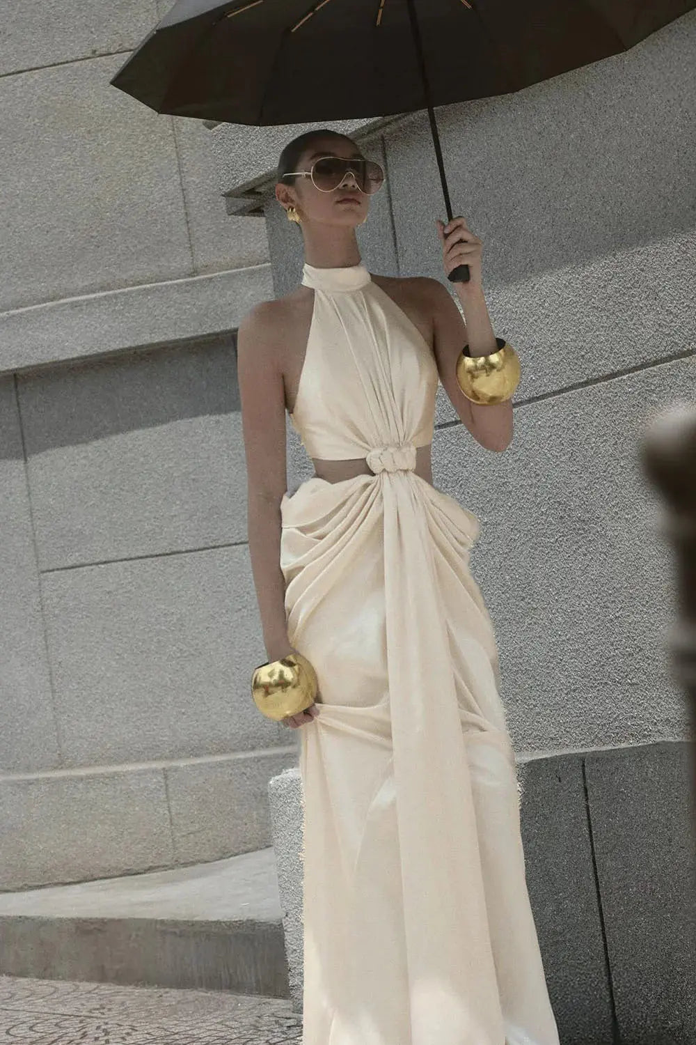 Stephanie Cutout Waist Halter Maxi Dress in Beige