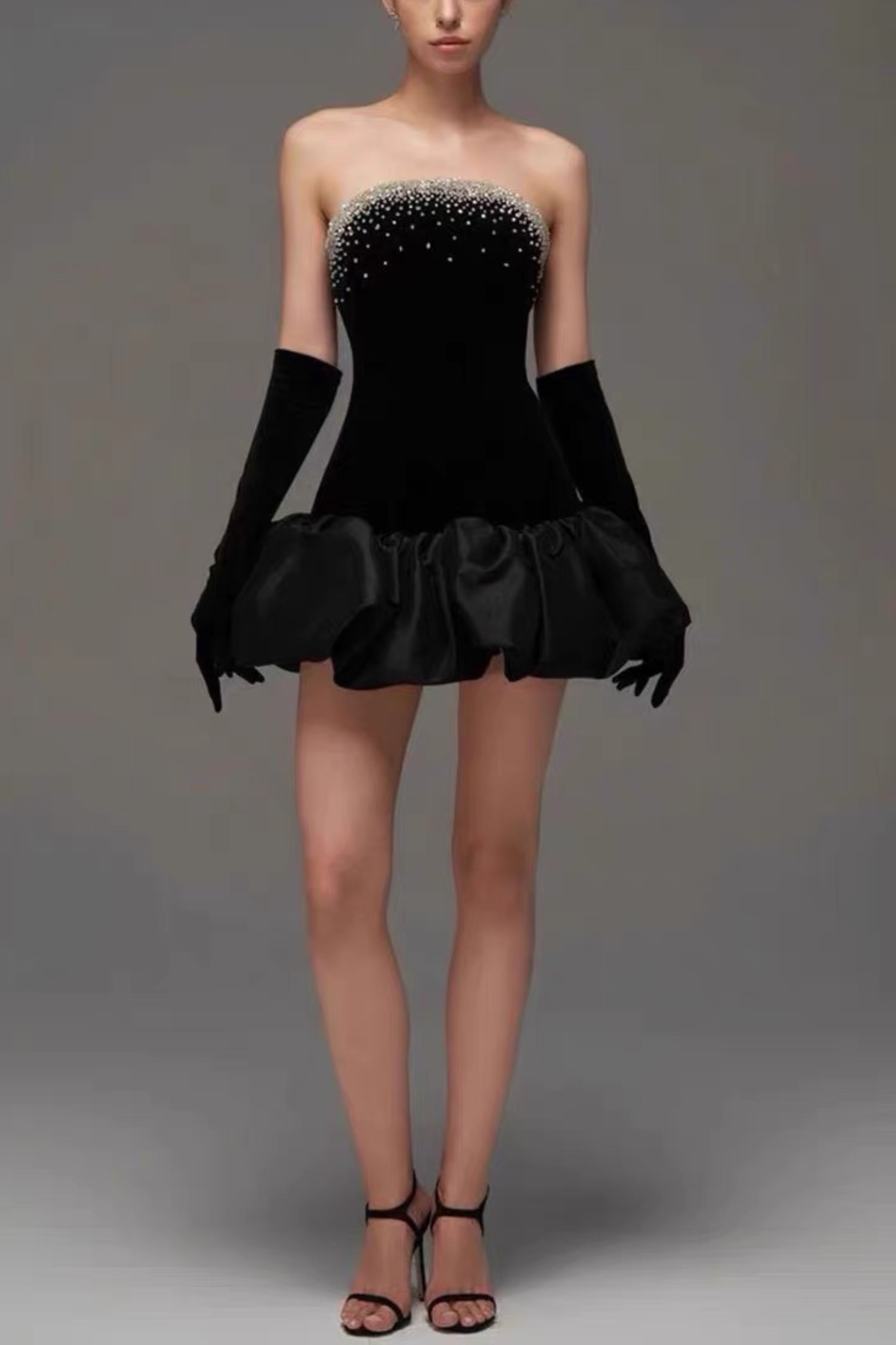 Crystal Embellished Black Dress With Voluminous Satin Hem