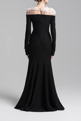 Sequin 3D Floral Sheer Shoulder Long Sleeve Black Dress