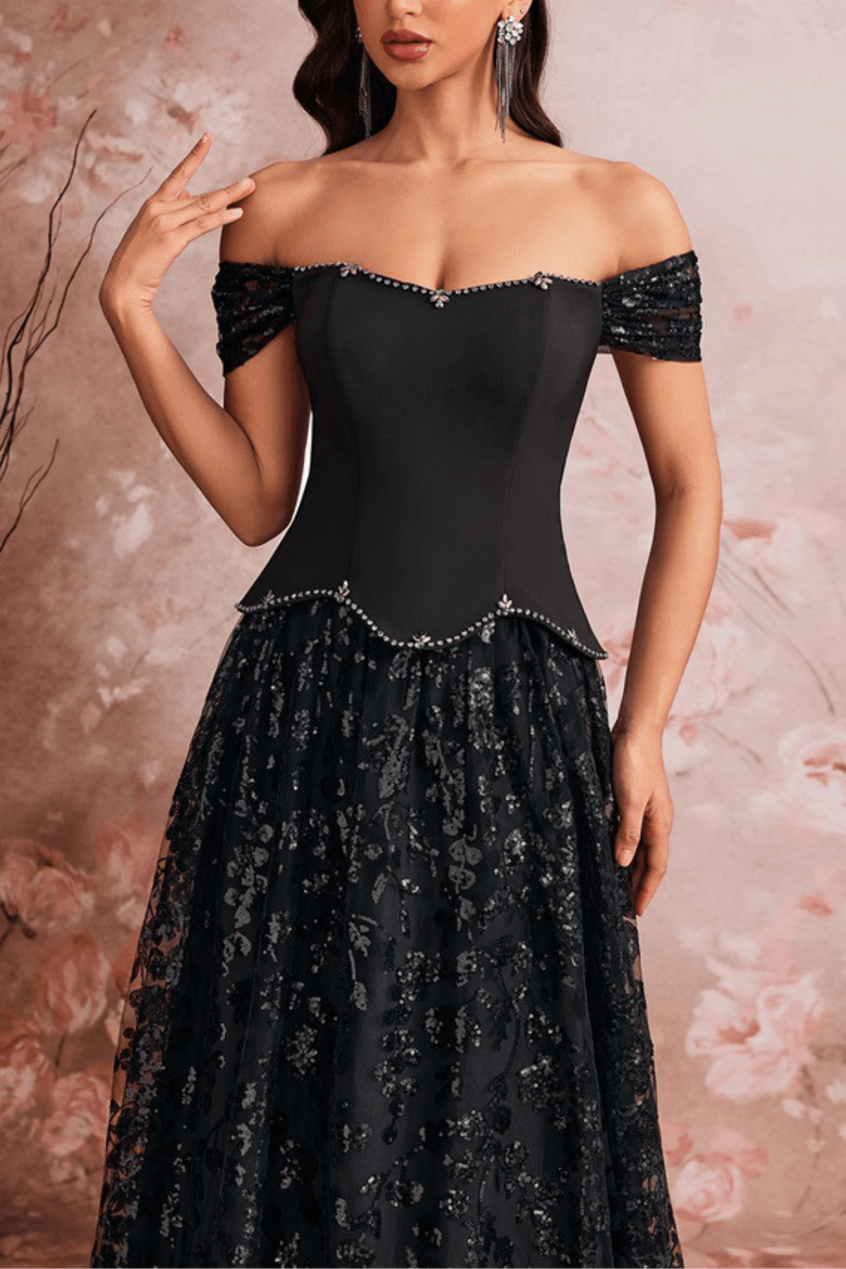 Bailey Off Shoulder Lace Floral Evening Dress