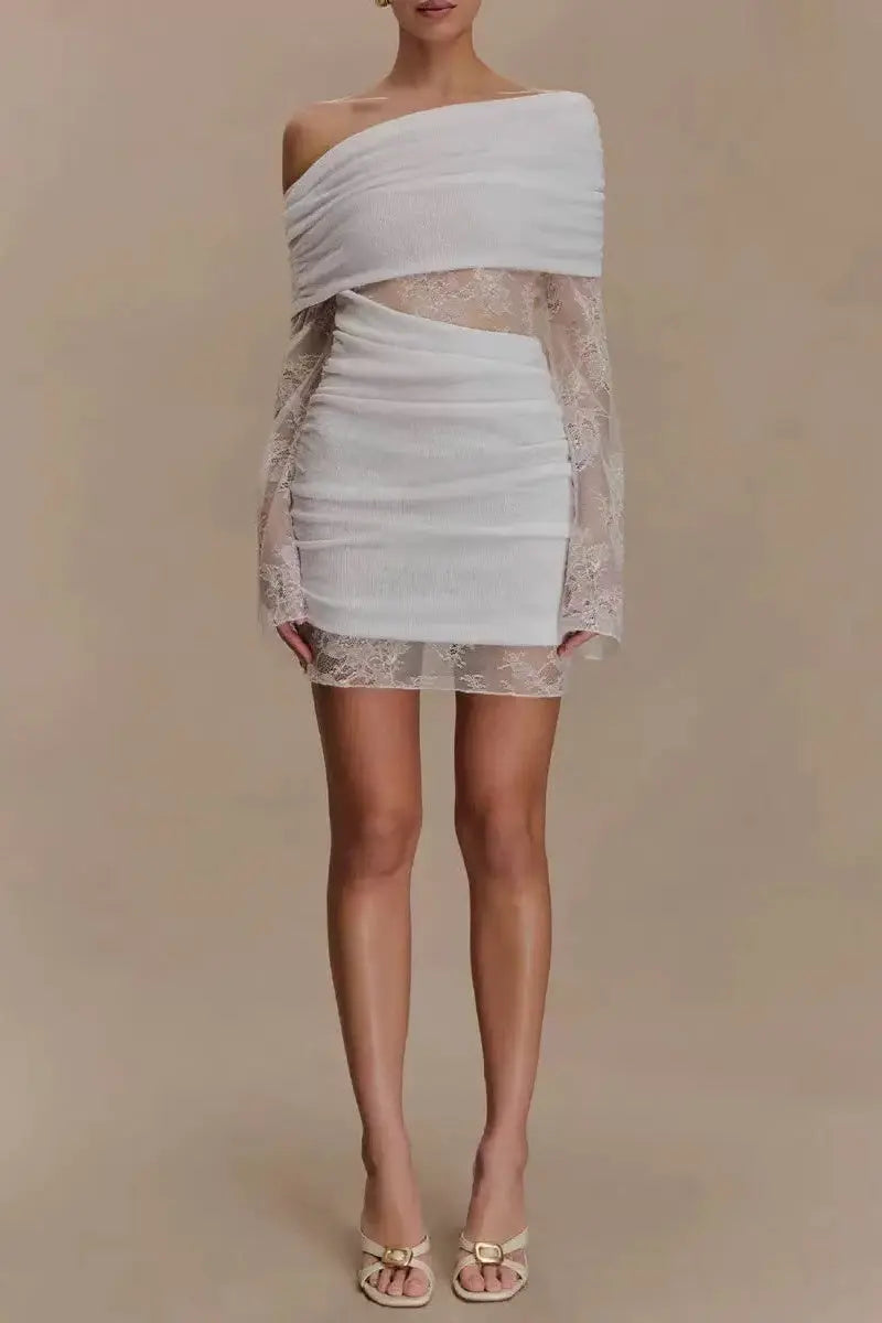 White Lace Spliced Knitted Mini Dress