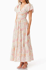 V-Neck Puff Sleeves Floral Maxi Dress in Pink