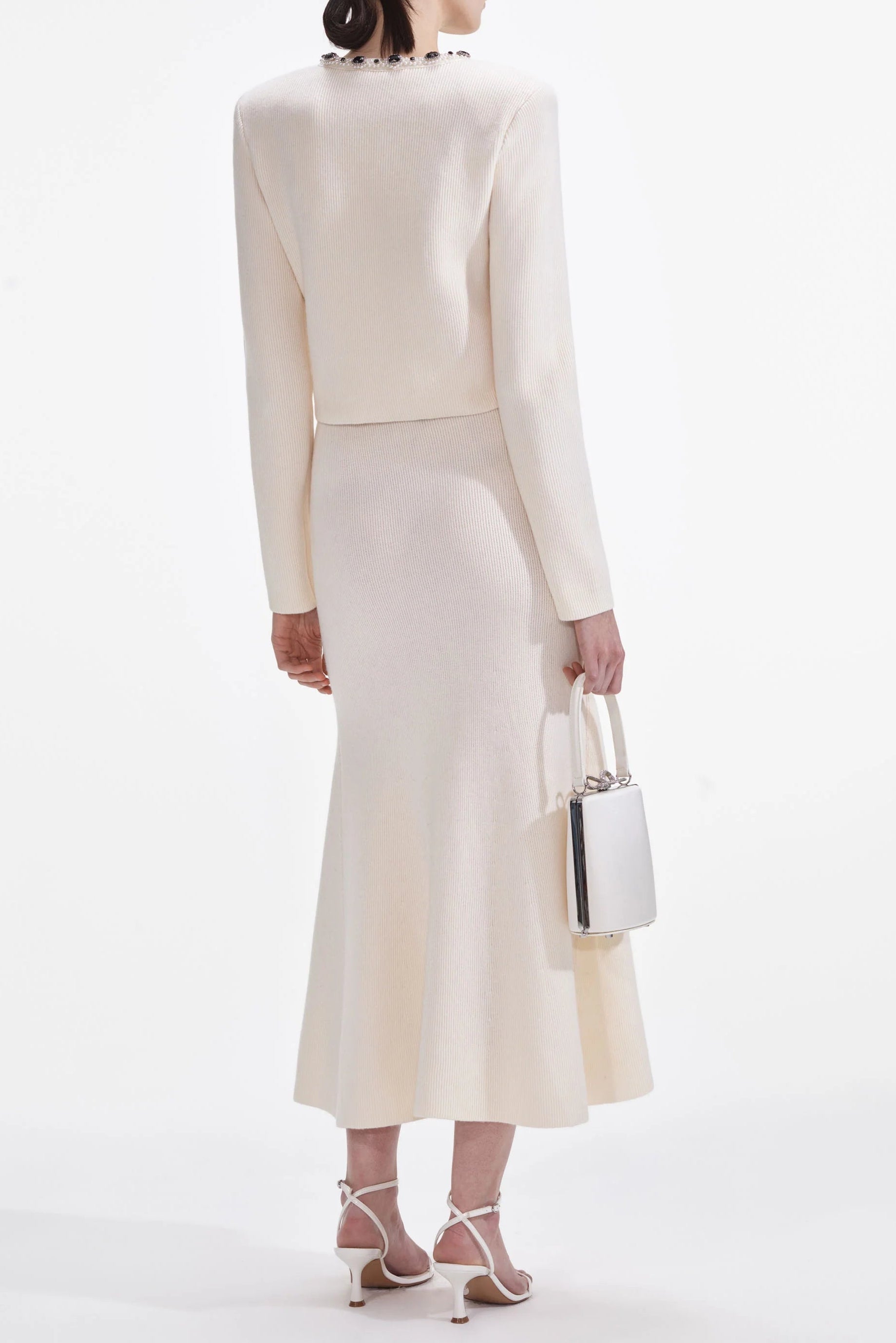 Cream Embellished Cardigan Skirt Set