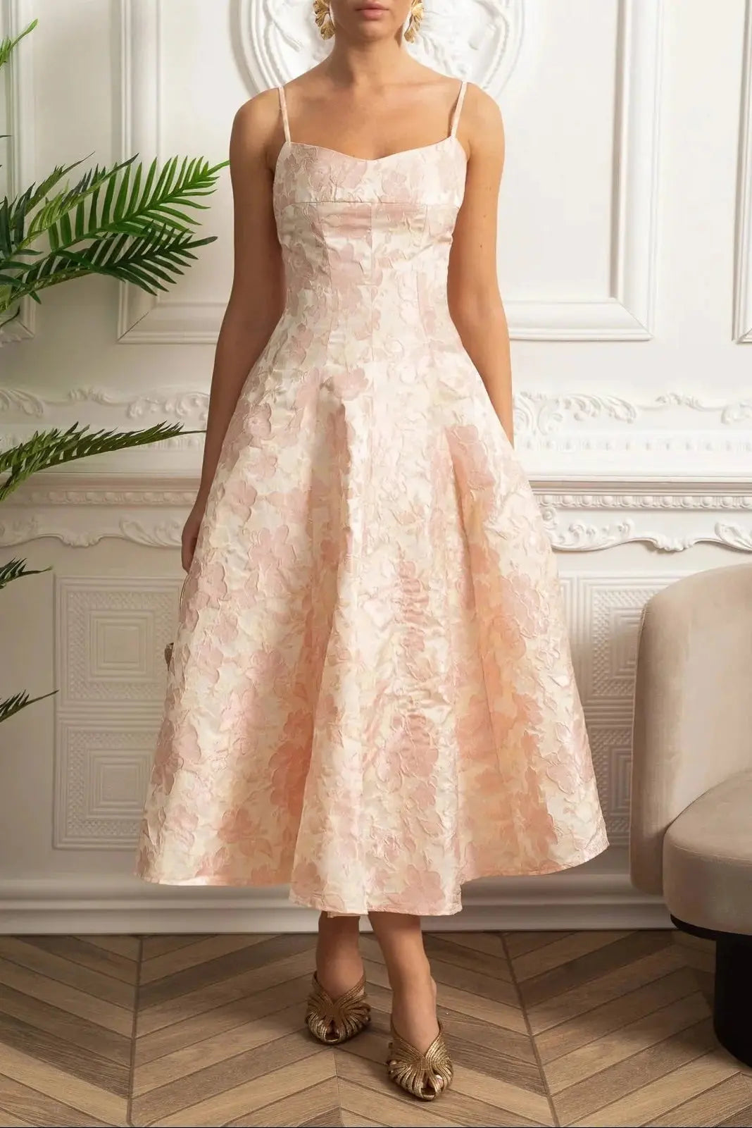 Midi Dress with Floral Motif - Blush Pink