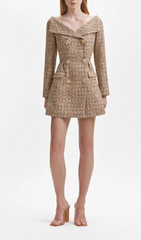 Glod Tinsel Boucle Off Shoulder Mini Dress