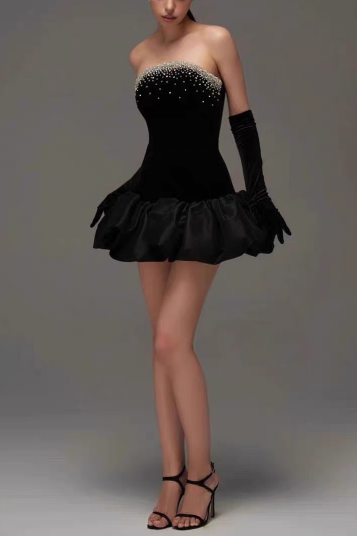 Crystal Embellished Black Dress With Voluminous Satin Hem