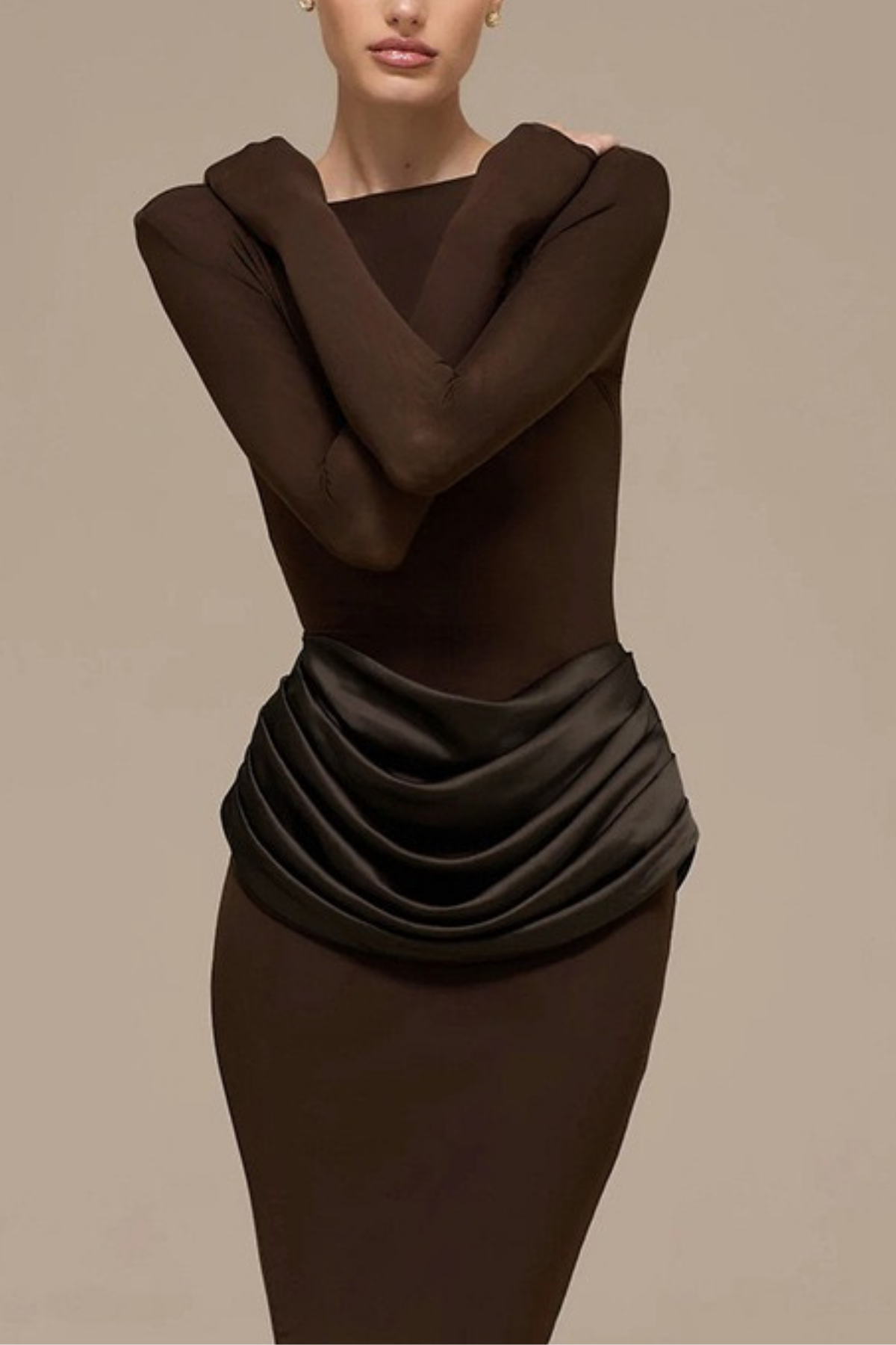 Brown Long Sleeve Bodycon Maxi Dress