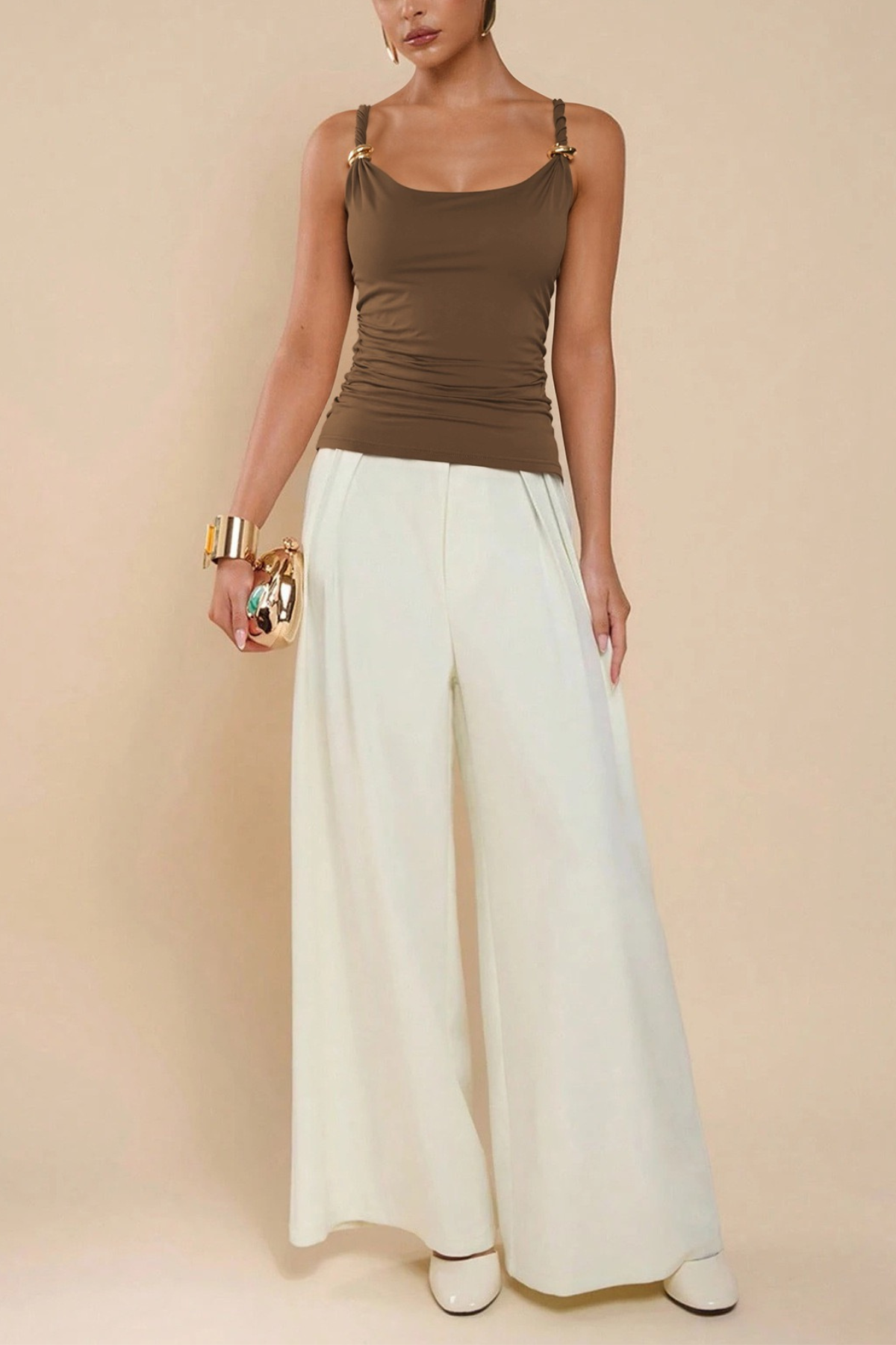 Gold Ring Strap Ruched Side Slim Cami Top