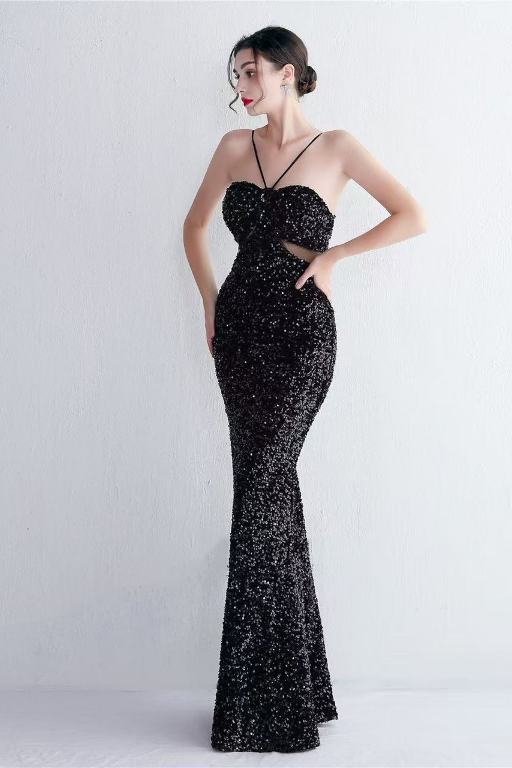 Black Cutout Sequins Halter Maxi Dress