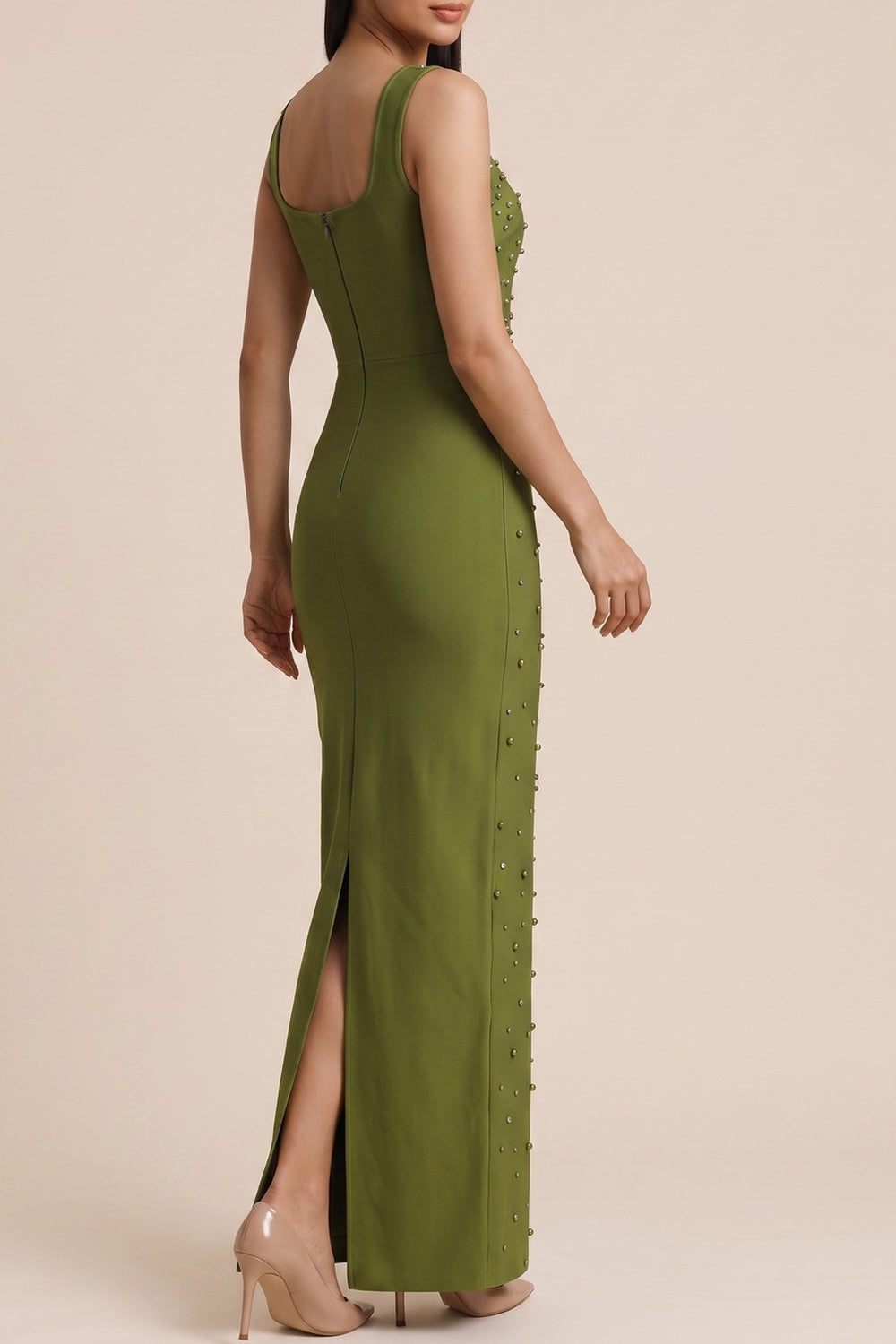 Square Neck Sleeveless Rhinestone Maxi Dress