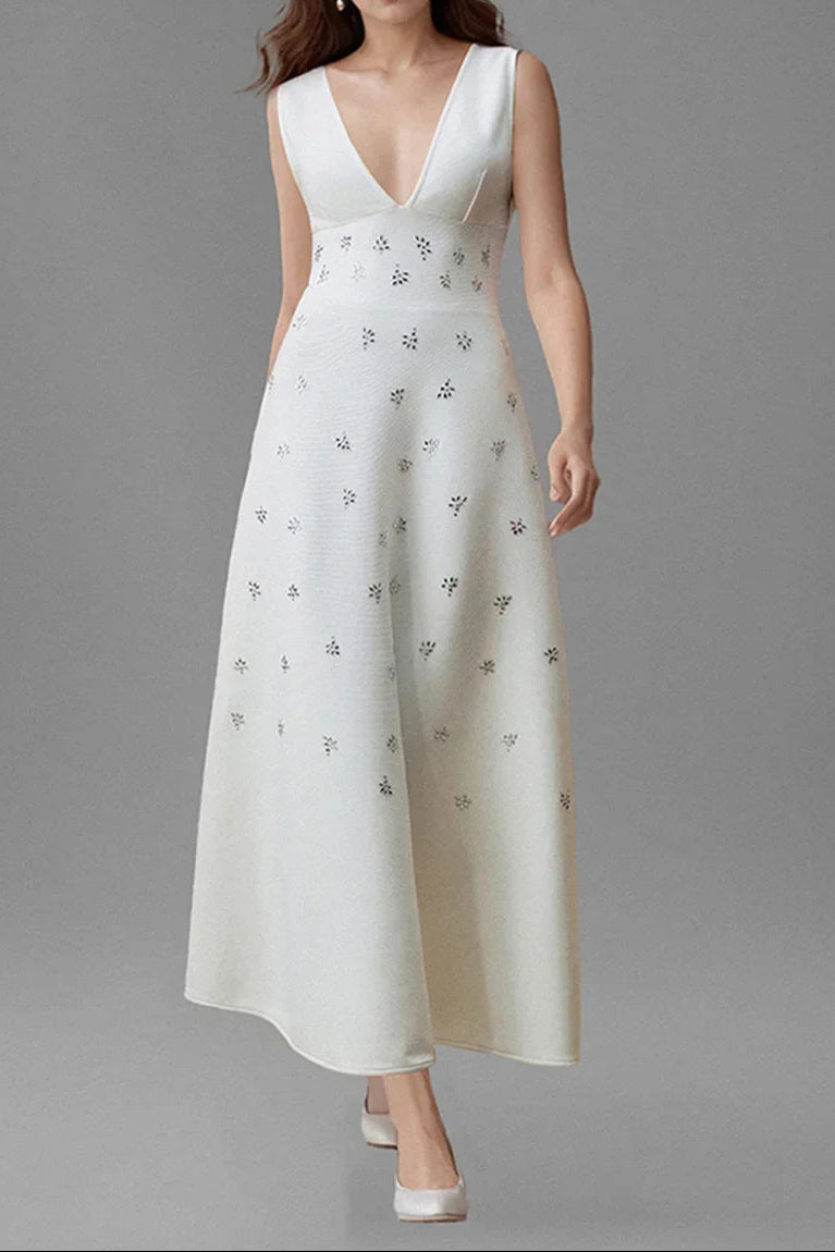 Diamond V-Neck Midi Dress in White
